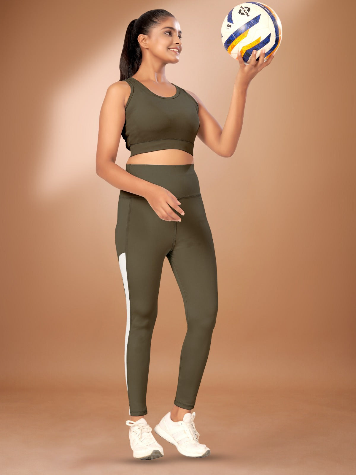 Side Stripe Co-ord Olive Green Tight Legging For Women