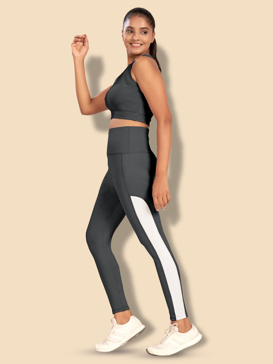 Side Stripe Co-ord Dark Grey Tight Legging For Women