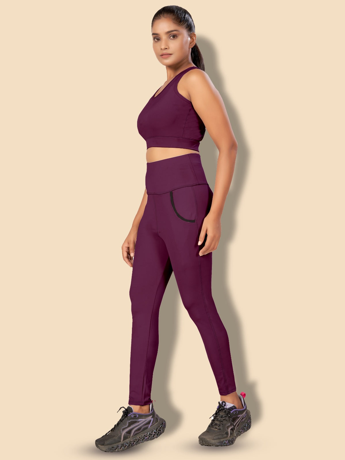 Deep Pocket Co-ord Wine Tight Legging For Women