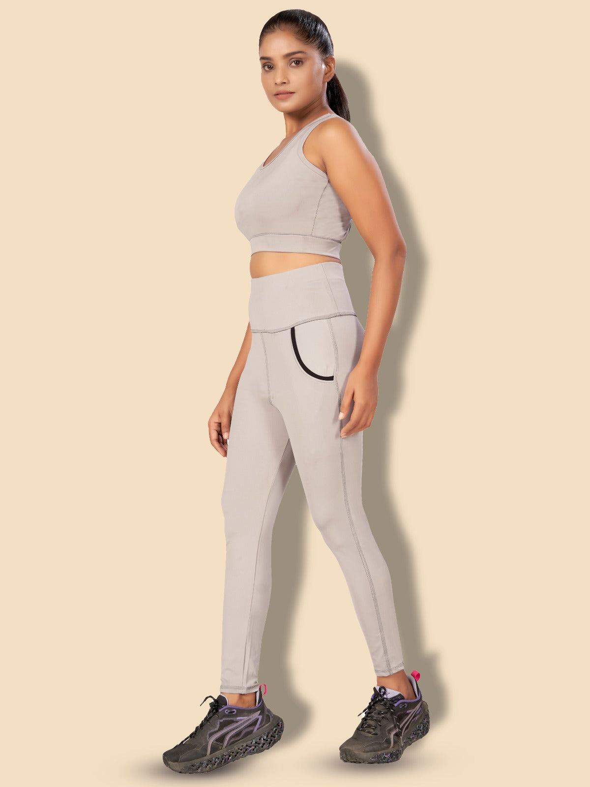 Deep Pocket Co-ord Light Grey Tight Legging For Women