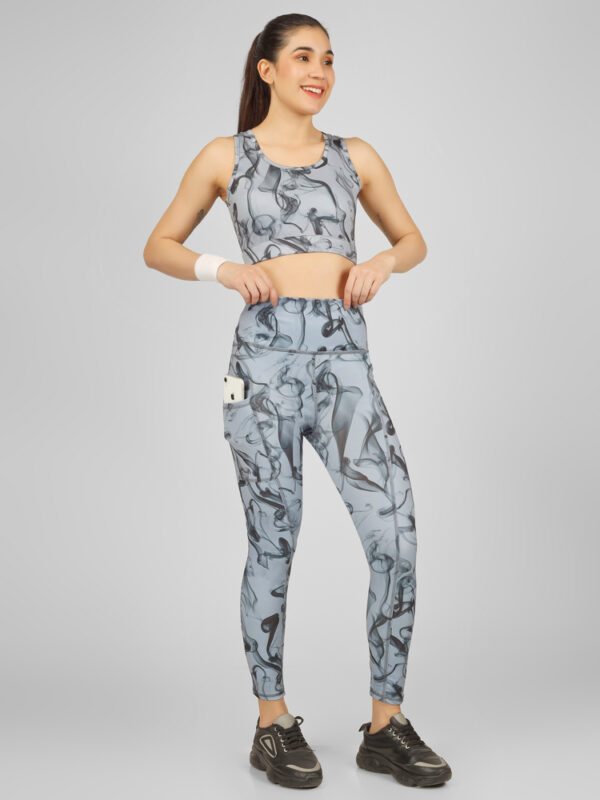 Yogini Flow Print Matching sports bra and high-waist leggings For Women With Side Pocket